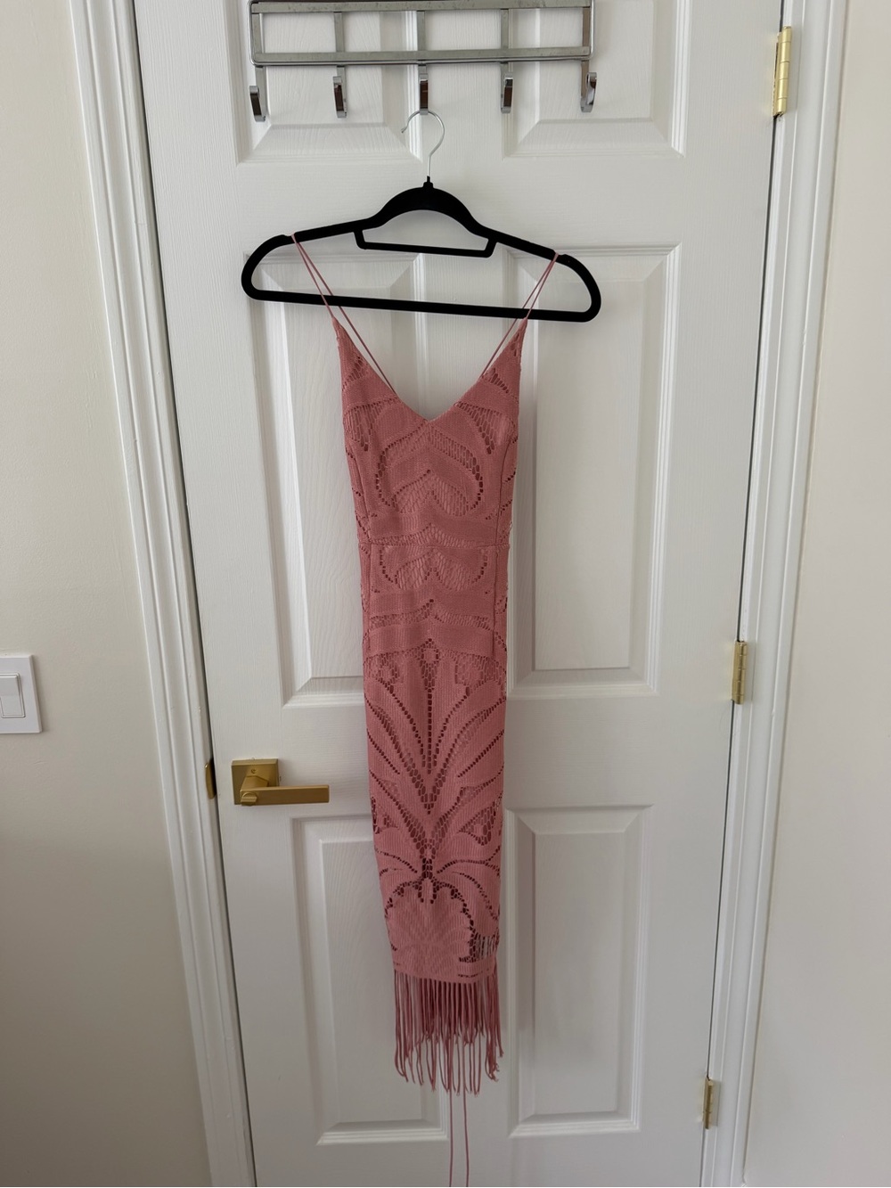 Blush Pink Crochet Midi Dress with Fringe Hem